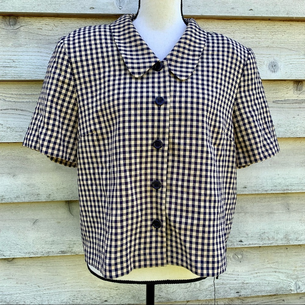 Vintage 80s Gingham Plaid Seersucker Button Up Short Sleeve Peter Pan Collar Top